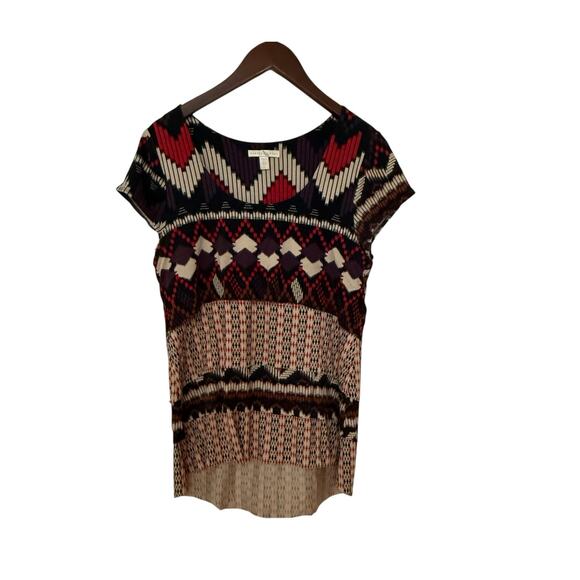 Weston Wear Neutral Brown Aztec Pattern Cap Sleeve Layered Hi Low Blouse Size L - Picture 1 of 7